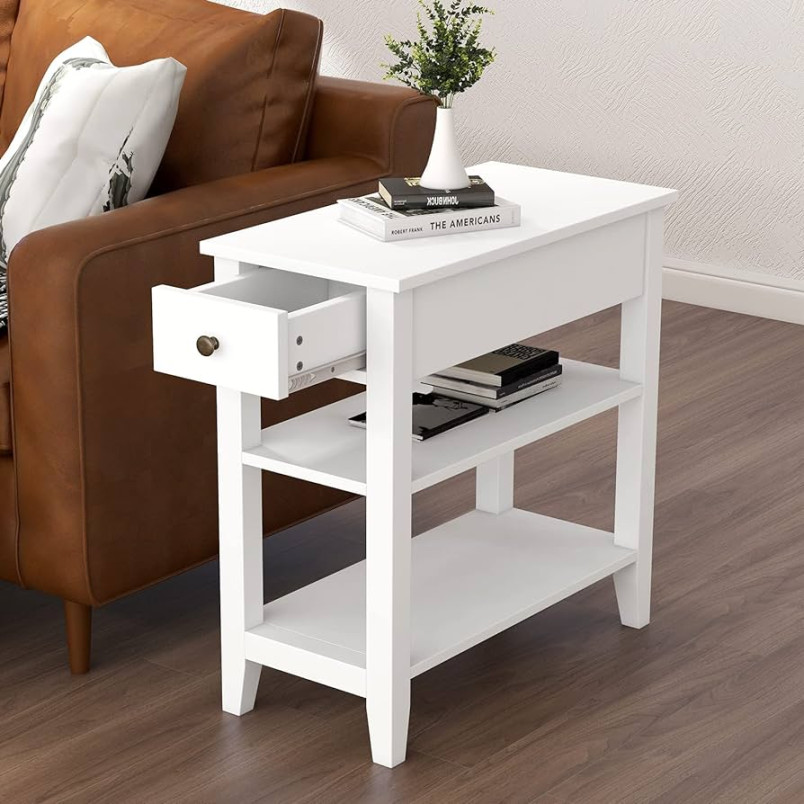 ChooChoo Side Table Living Room, Narrow End Table with Drawer and Shelf,  -Tier Sofa End Table for Small Space, White